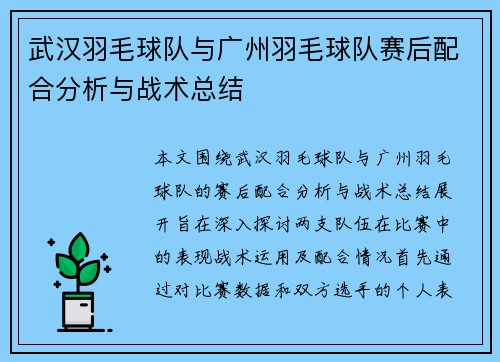 武汉羽毛球队与广州羽毛球队赛后配合分析与战术总结