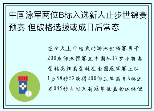 中国泳军两位B标入选新人止步世锦赛预赛 但破格选拔或成日后常态